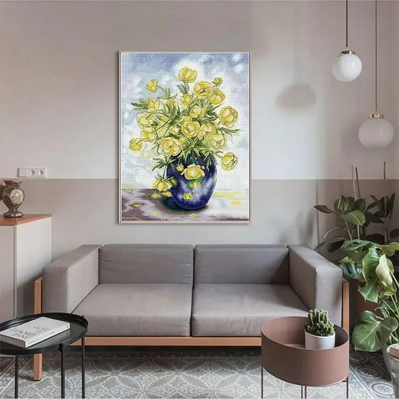 Yellow Flowers with Vase DIY Floral Cross Stitch Kits Aida 14CT 16CT 11CT Count Stamped Fabric Needlework Sewing Set Home Decor