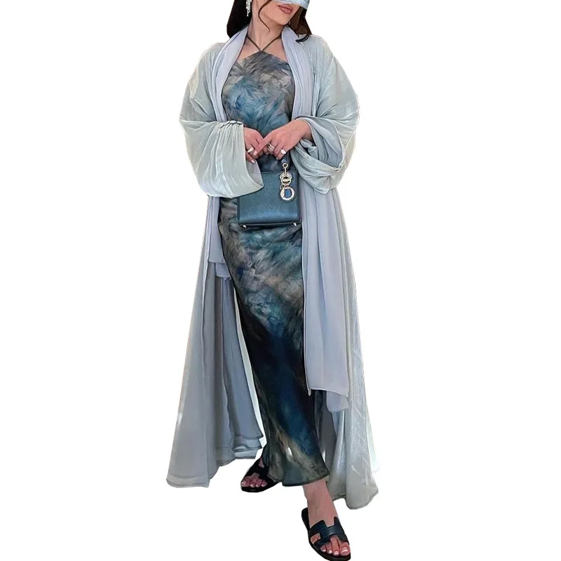 2024 East Ramadan Satin Muslim Modest Dress Arab Women Open Abaya Dubai Islamic Long Sleeve Cardigan Clothing Turkey Plain Robe