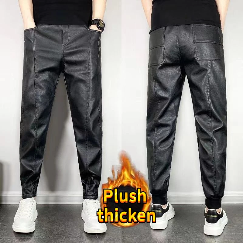 Men Trousers Men's Winter Luxury Korean Style Thermal Line Brushed Long Pants Slim Fitting Thickened Black PU Leather Trousers