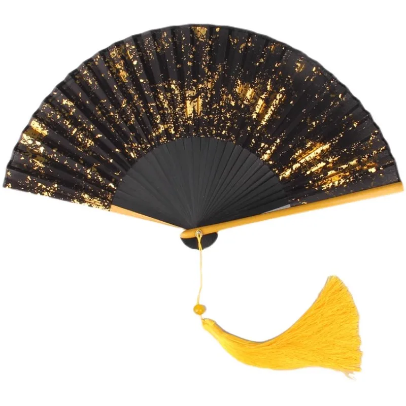 Chinese Handheld Folding Fan - Gold/Silver Foil Embroidery Elegant Palace Fan for Women, Hanfu Dance Costume Accessories