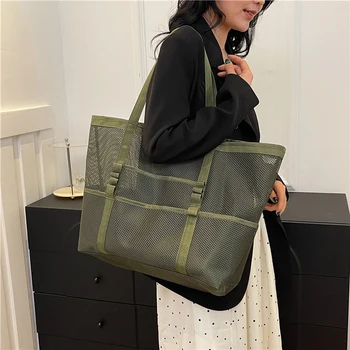 Portable Mesh Beach Bag For Women Makeup Travel Storage Wash Bag Summer Travel Swimming Bath Bag Organizer Shopper Totes