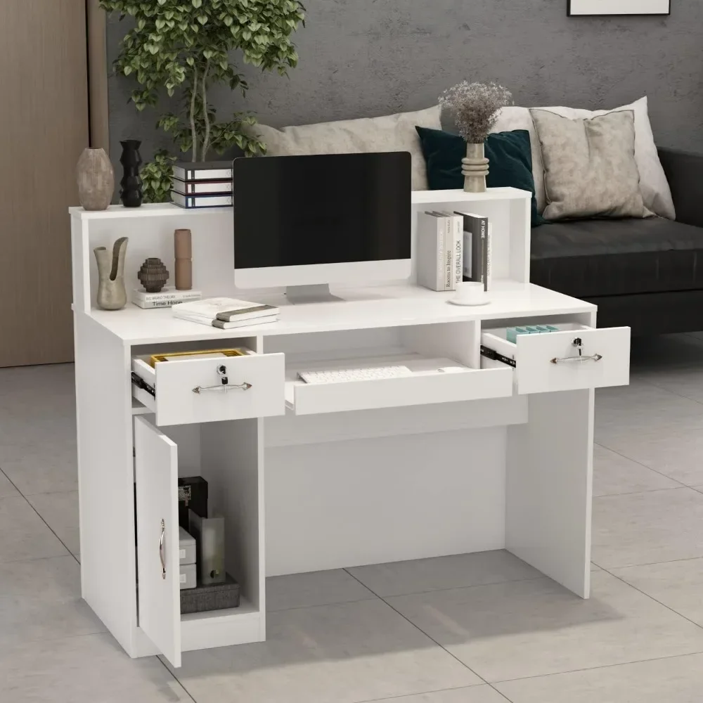 Reception Desk with Counter, Retail Counter with Lighted Display Shelf & Lockable Drawers, for Salon Reception Room Checkout