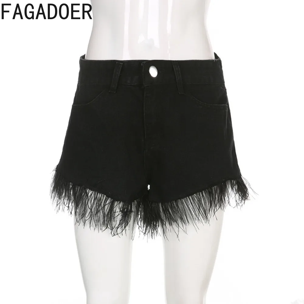 FAGADOER Black Fashion Denim Feather Splicing Shorts Women High Waist Button Pocket Slim Jean Casual Female Cowboy Bottoms 2024