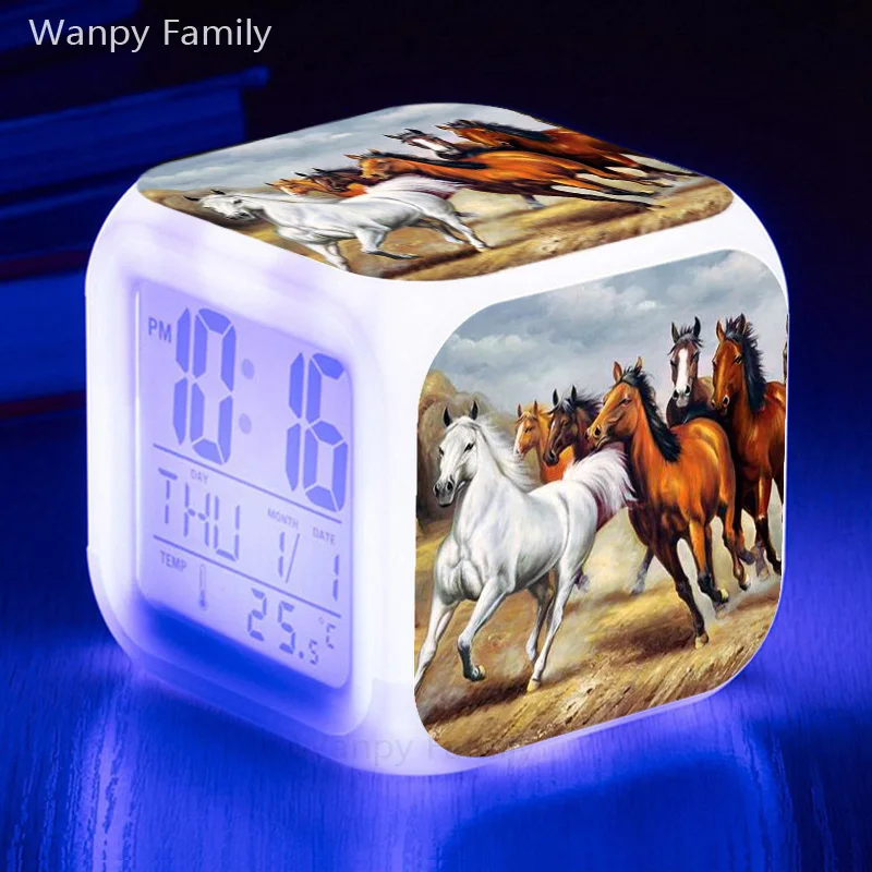 Animal Horses Alarm Clock 7 Color Glowing LED Multifunction Digital