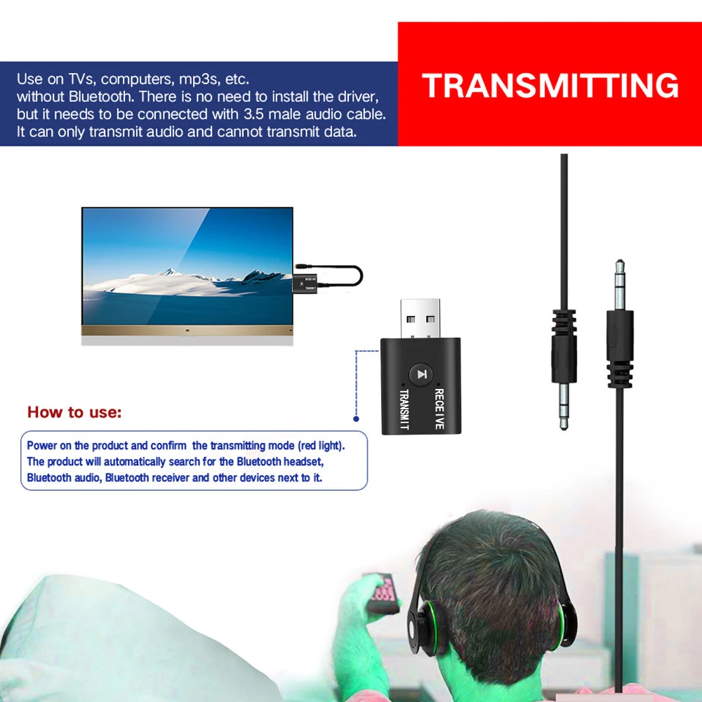 2 IN 1 Wireless Audio Receiver Transmitter Bluetooth 5.0 Audio Adapter Dual Function USB Dongle For Car Speaker Headphones