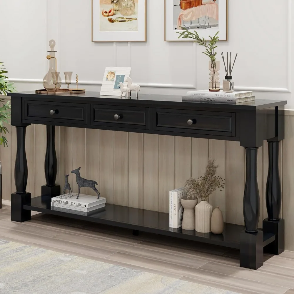 64 inch Long Console Table with 3 Drawers and Bottom Shelf, Sofa Table Entryway Table for Hallway, Living Room