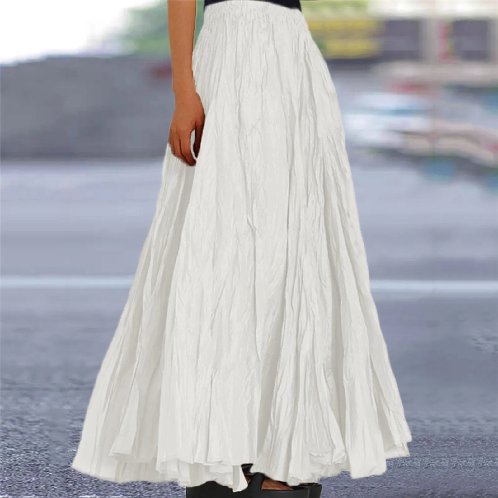 

Pleated Skirt For Women Casual High Waisted A-Line Dress Soild Vintage Loose Beach Wrap Maxi Long Skirts Lady's Gentle Style