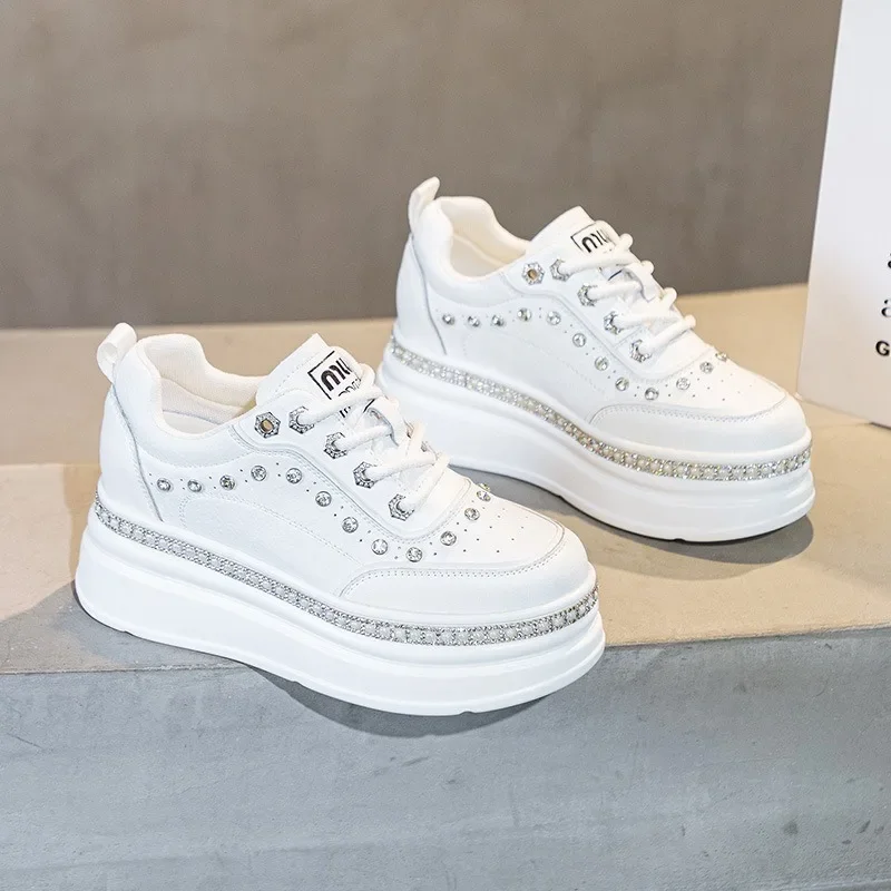 7cm Genuine Leather Women Fashion Casual Bling Chunky Sneakers Platform Wedge Vulcanized Autumn Spring Hidden Heels Ladies Shoes 2