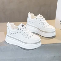 7cm Genuine Leather Women Fashion Casual Bling Chunky Sneakers Platform Wedge Vulcanized Autumn Spring Hidden Heels Ladies Shoes 2