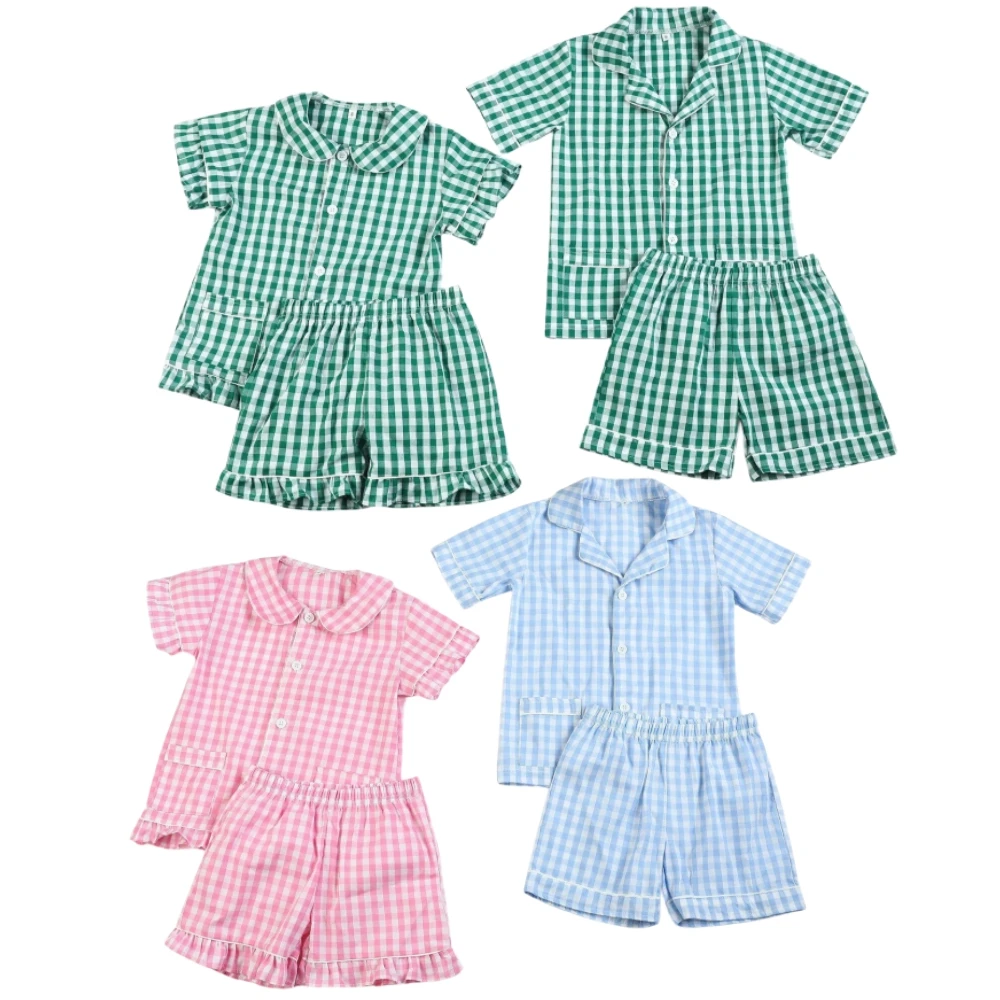 Wholesale 1-12 Years Kids Pyjamas 100% Cotton Plaid Seersucker Soft Sibling Outfits Pjs Loungewear Baby Boys Girls Pajamas Sets