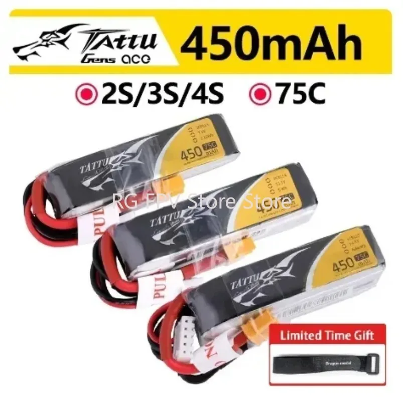 

2PCS ACE Tattu LiPo Rechargeable Battery 2S 3S 4S 450mAh 75C 1P for RC FPV Racing Drone Quadcopter