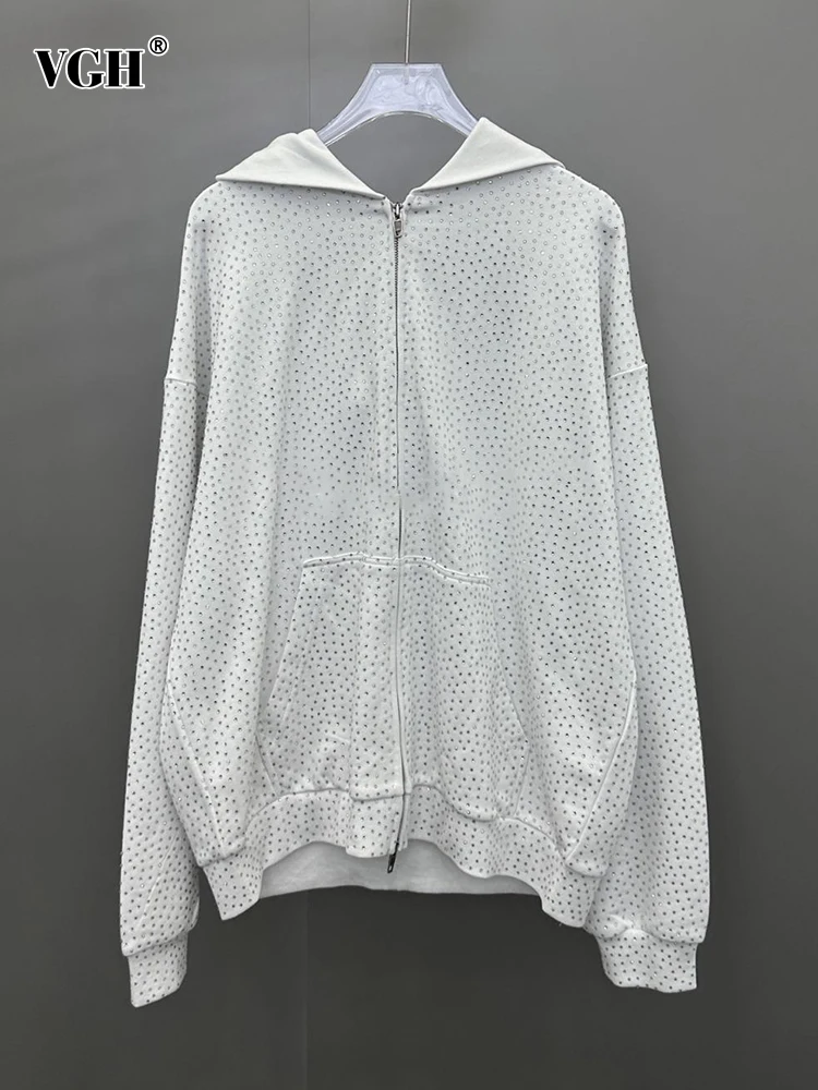 

VGH Solid Patchwork Diamonds Casual Sweatshirt For Women Hooded Long Sleeve Spliced Zipper Loose Sweatshirts Female Fashion New