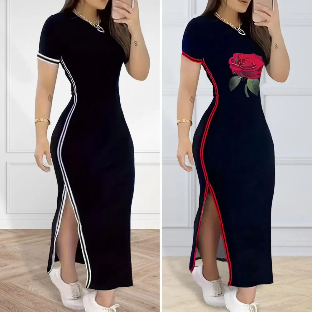 

High Elasticity Dress Elegant Rose Print Maxi Dress with Side Slit Striped Detail for Women Slim Fit Round Neck Ankle Length