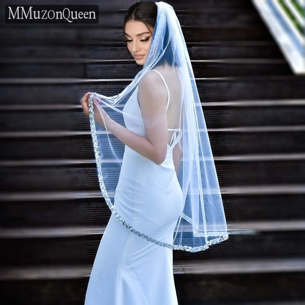 

MMQ M81A Silver Sequins Veil Short Wedding Veil For Bridal Fingertip Length Soft Tulle Bridal Veil With Comb Accessoires Mariage