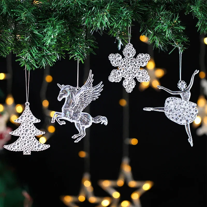 2Pcs Christmas Tree Decoration Ornaments Transparent Acrylic Shiny Star Bowknot Tree Hanging Pendants Xmas New Year Party Decor