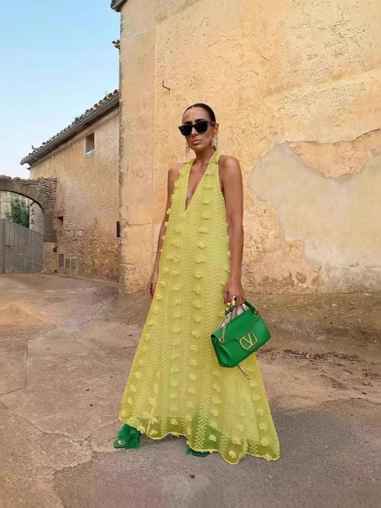 Wmstar Long Dresses Women Wholesale Deep V Neck  Solid Loose Sleeveless New in Summer Holiday  Floral Dress Drop Shopping  2025