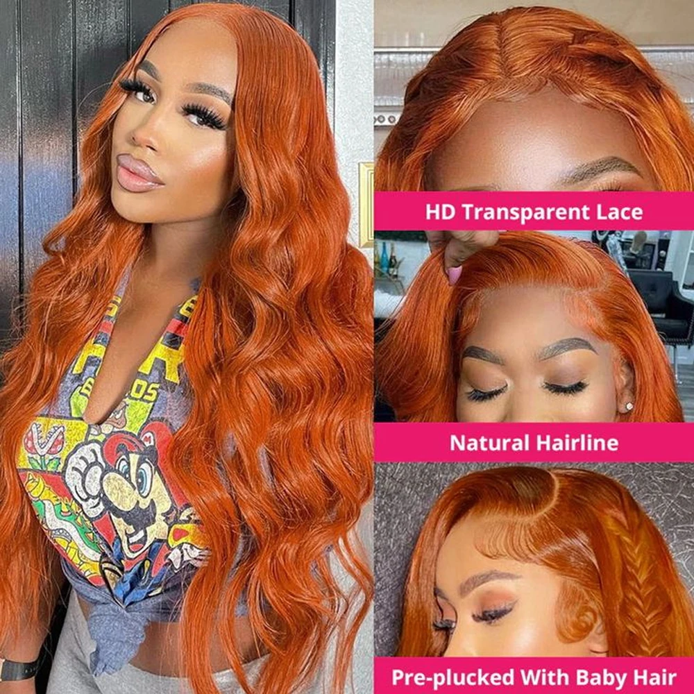 

Парик Orange Ginger 350 Body wave 13x4 Женский, фронтальный бразильский парик из человеческих волос с неповрежденной кутикулой, с Hd кружевной передней частью, 30 дюймов