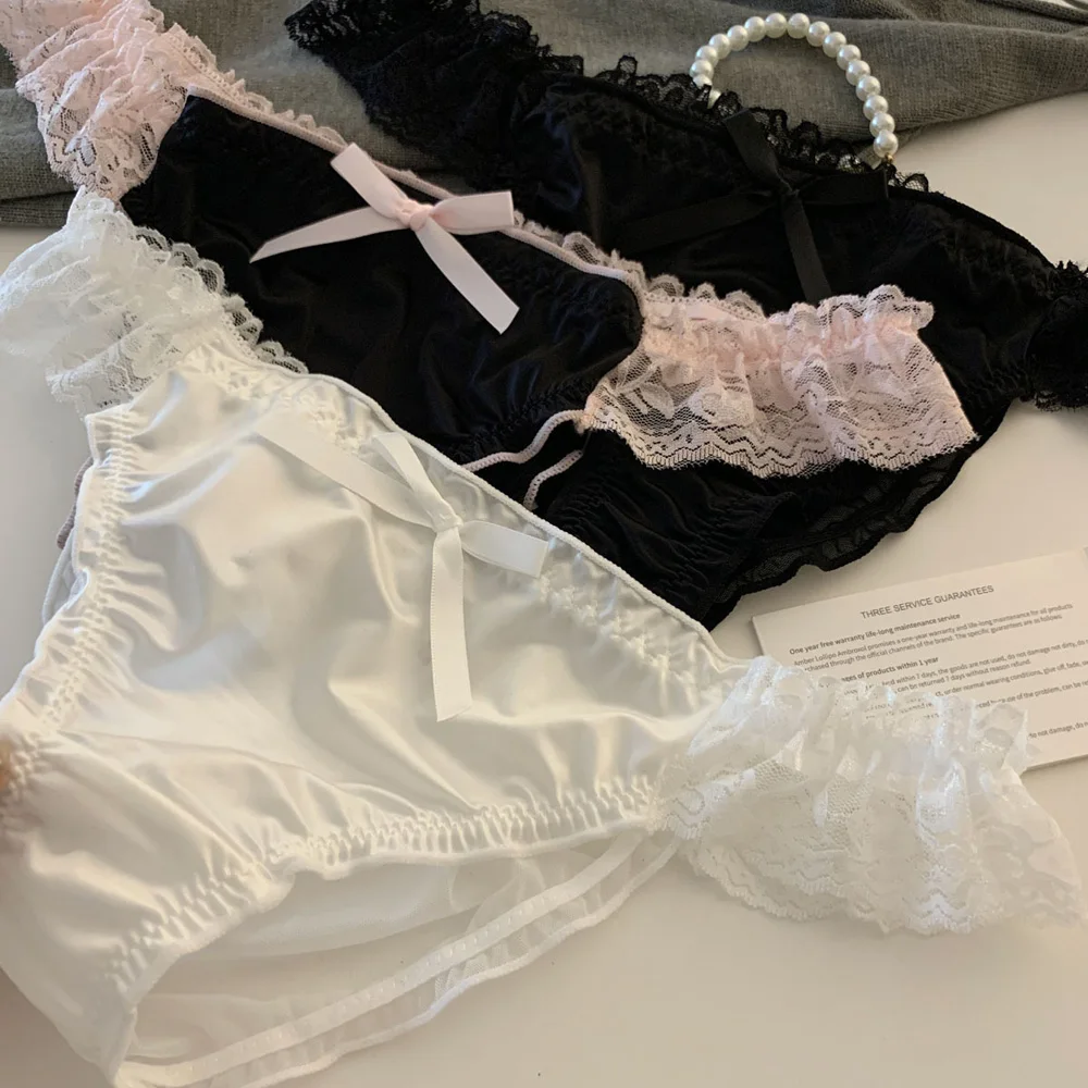 Women's Panties Lace Ruffle Satin Sexy Underwear Women's Low Waist Mesh Hollow Out Panties Sweet Girl Breathable  Briefs Lingeri