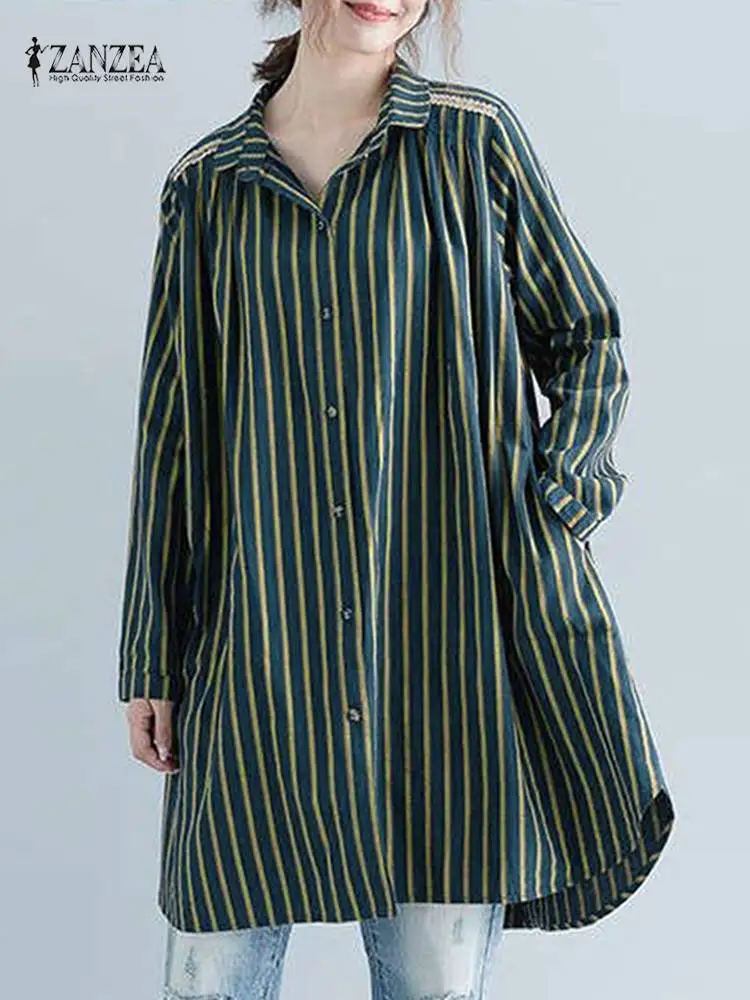 

2024 Fashion Striped Shirt ZANZEA Women Lapel Neck Long Sleeve Blouse Oversize Loose Long Tops Casual Holiday Blusas Chemise