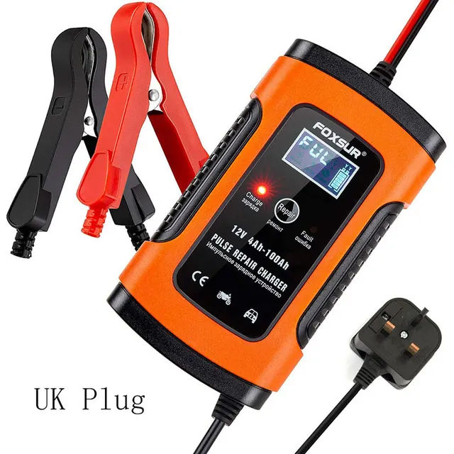 12V 7-Stage Pulse Repairing Charger with LCD Display Motorcycle & Car Battery Charger AGM GEL WET Lead Acid Battery Charger UK plug Red