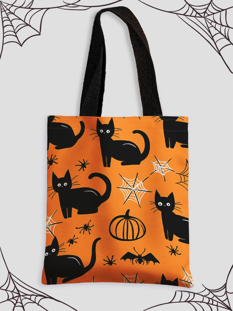 Halloween Black Cat Pattern Printed Casual Handbag, Reusable Fashion Shopping Bag
