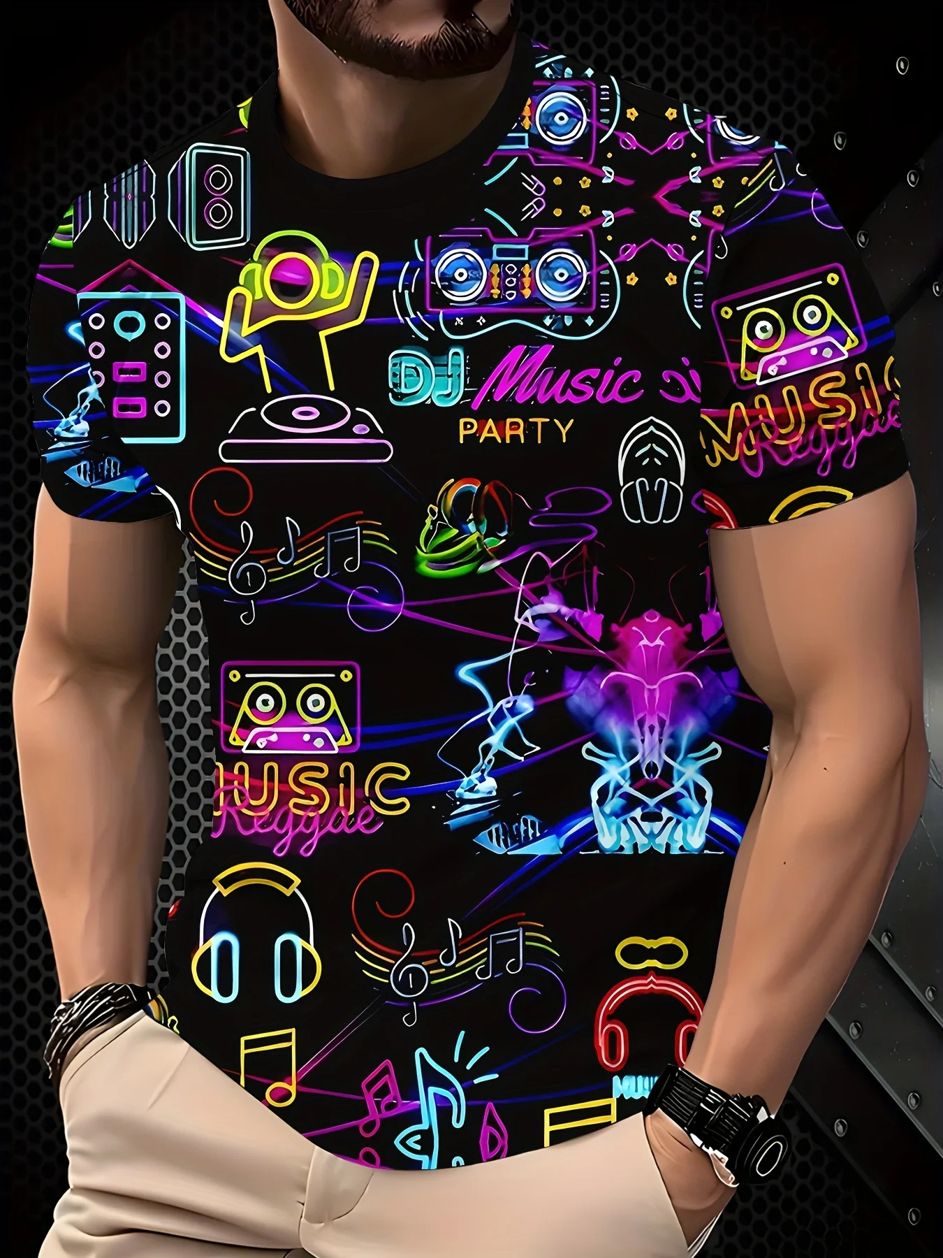 Herren Neon DJ Musik Party Print T-Shirt Schwarz Bunte Noten Kopfhörer Streetwear Tee