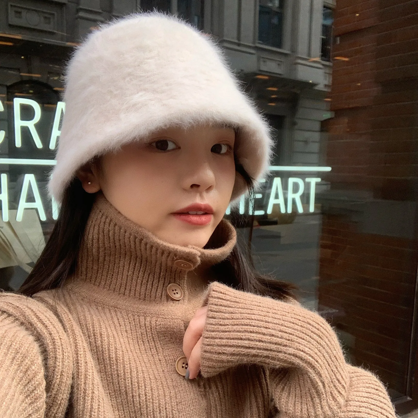 

Retro Versatile Face Covering Rabbit Hair Bucket Hat for Children Korean Edition Warm Fisherman Basin Hat