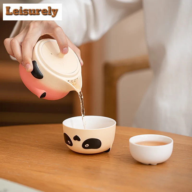 Cute Cartoon Panda Fubao Travel Tea Set Kit Luxury 1 Pot 2 Cups Household Tea Maker Organizer Portable Outdoor Tote Bag Gift
