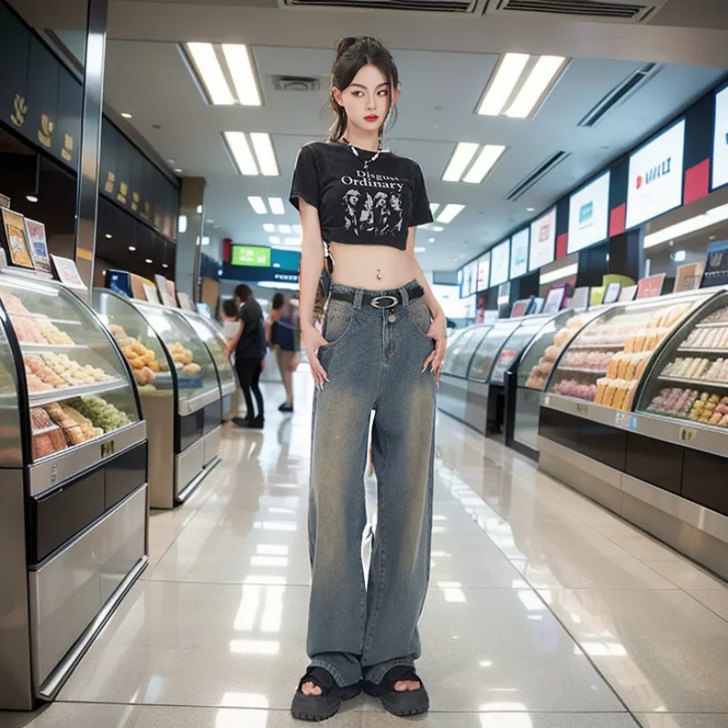 

New High Waist Loose Slim Spliced Wide Leg Pants with Starry Sky Pattern Retro Blue Jeans for Women