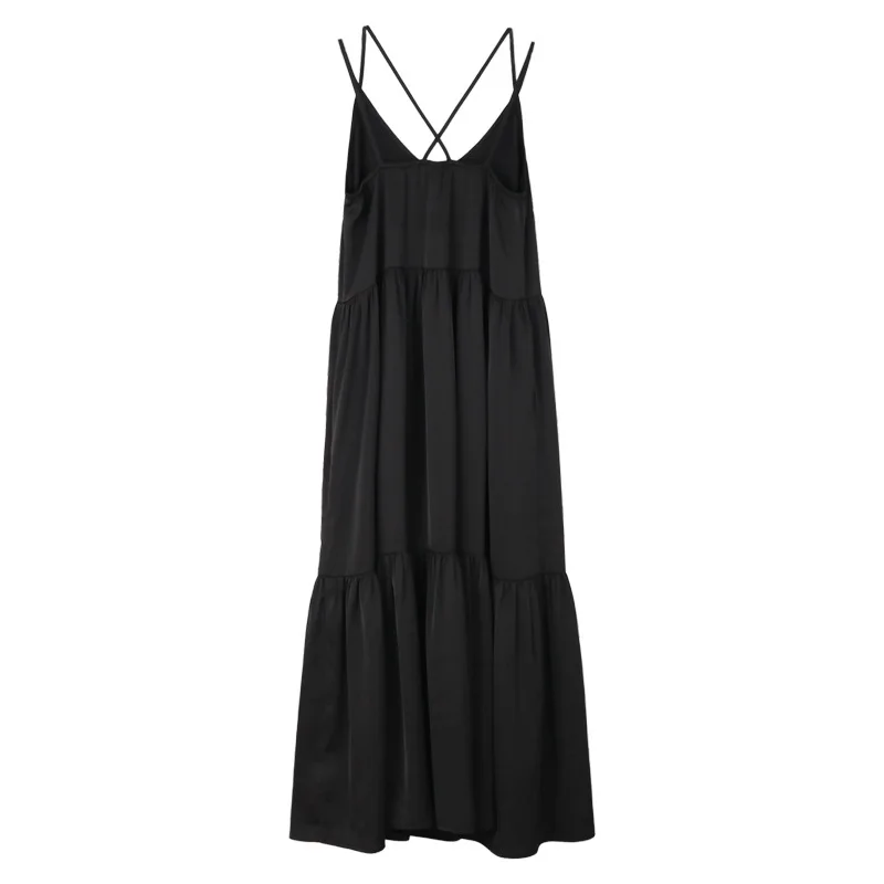 

V-Neck Strap Black Dress For Women'S Summer Vacation Cake Dresses Ladies Clothing Wear Backless Slip Long Dress Beach Camisole