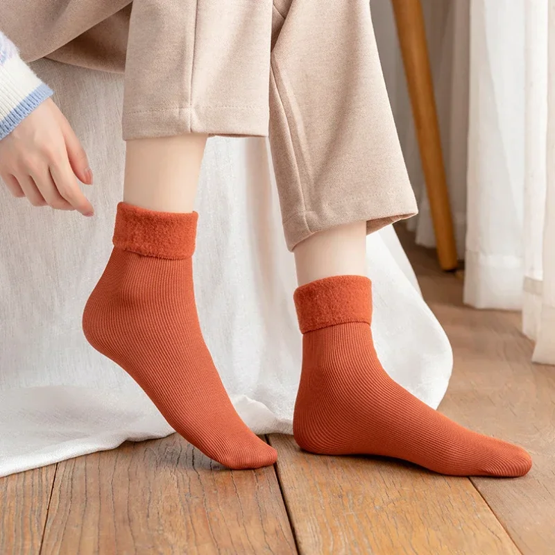 Warm Thick Snow Socks Mid Calf Length Pure Color Vertical Stripe