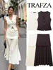 TRAFZA Women 2 Piece Set V-Neck Sleeveless Button Knitted Vest Top+Elegant Splicing High Waist Zipper Long Skirts Holiday Suits 1