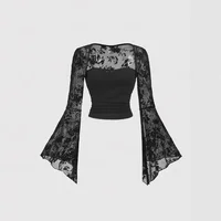 Gothique Sexy dentelle maille évasée à manches longues Smock Y2K Vintage noir voir à travers les couvertures T-Shirts Grunge été femmes Streetwear 5