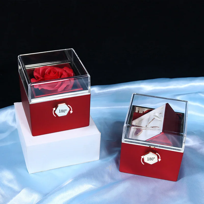 

Exquisite Single Rose Jewelry Box Rotatable Surprise Ring Necklace Universal Jewelry Box With Fixed Drawstring Acrylic Cover