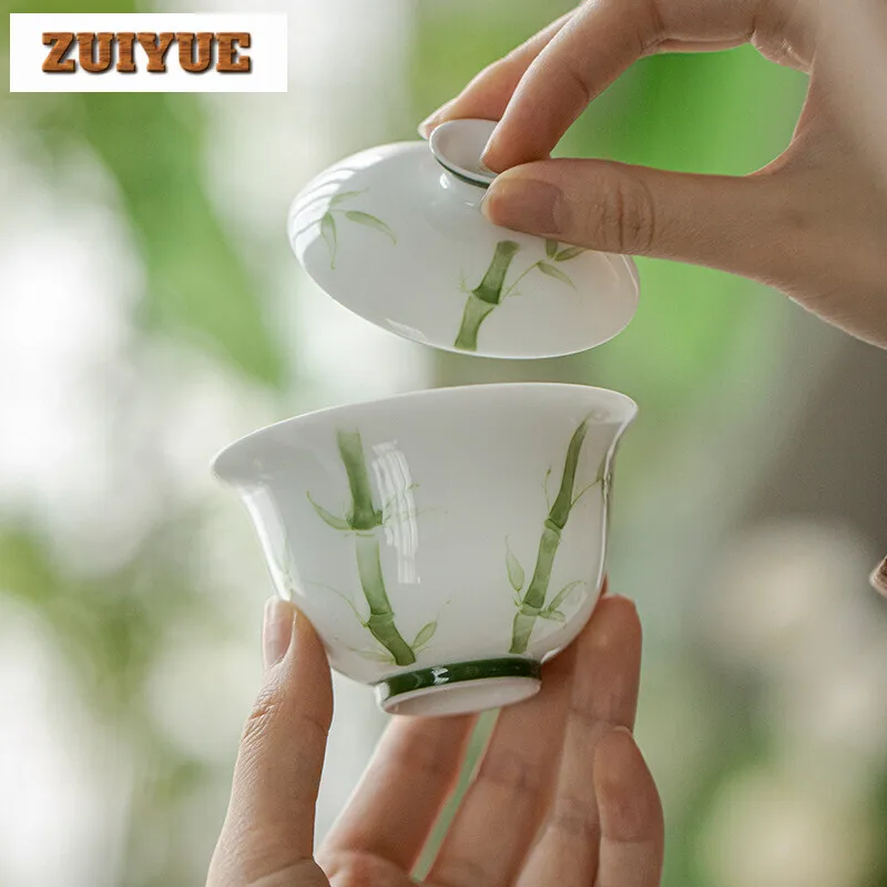 130ml Jade Mud Handmade Cover Bowl Household Hand-painted Green Bamboo Gaiwan Luxury Anti Scald Tea Tureen Tea Making Craft Gift