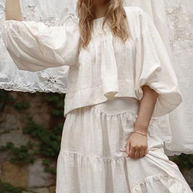 

Плиссированная дизайнерская модная повседневная рубашка WAKUTA, японские милые топы с круглым вырезом и длинными рукавами-фонариками, летняя однотонная блузка во французском стиле