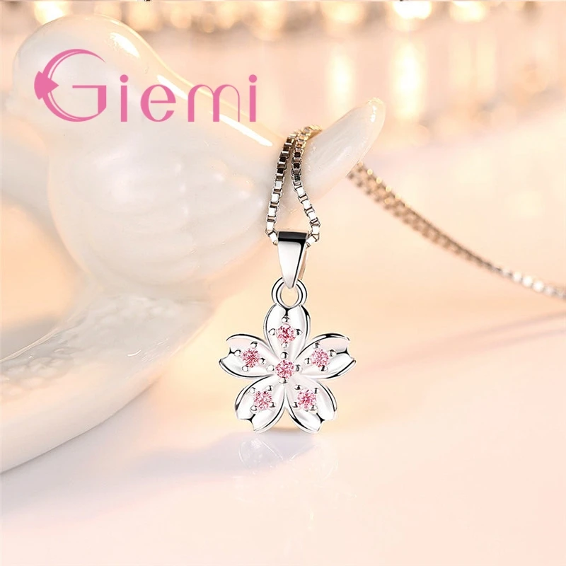 Cherry Blossoms Flowers Five Petals Design Pink Clear CZ 925 Sterling Silver Women Bridal Wedding Pendant Necklace pendant necklace silver necklace silver pendant