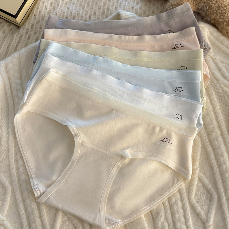 6pcs Colorful Cartoon Bear Underpants Women Comfortable High-Quality Solid Color Briefs Mid Waist Breathable Simple Pants