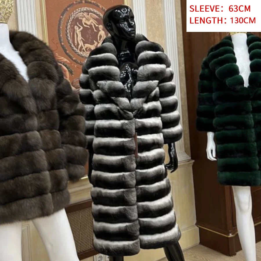 冬の女性の天然毛皮コートロングリアルレックスラビットファーコート