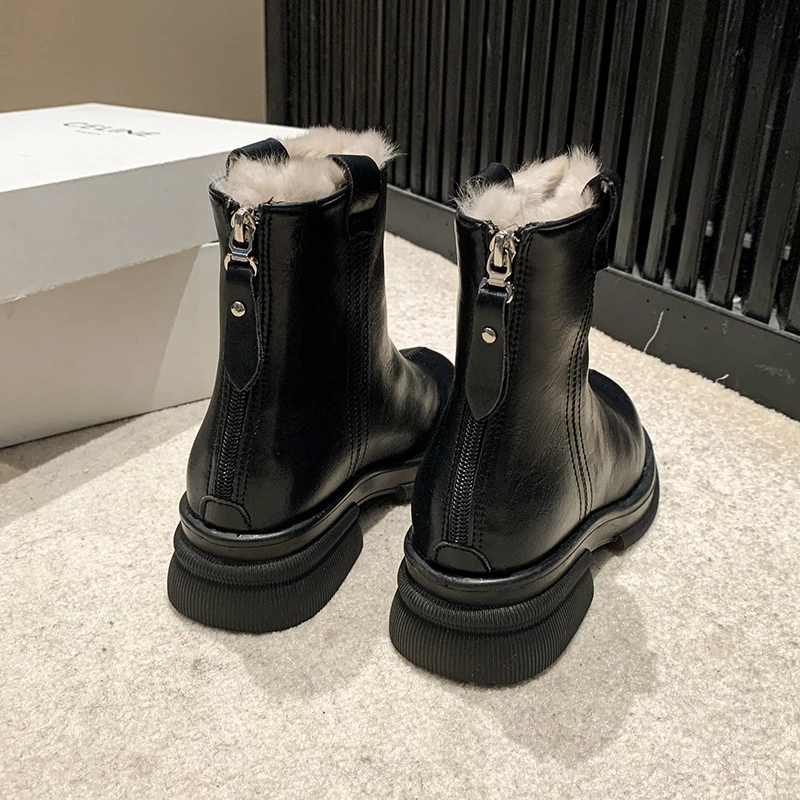 2024 New Trend Warm Chelsea Boots Mid Heel Zipper Plush Women's Shoes Casual High Heels Non-Slip Thick Heels Single Shoes