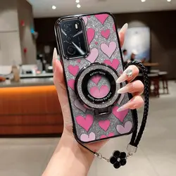 Charming Heart Phone Accessory Set with Lanyard and Stand - OPPO A38 (Black)