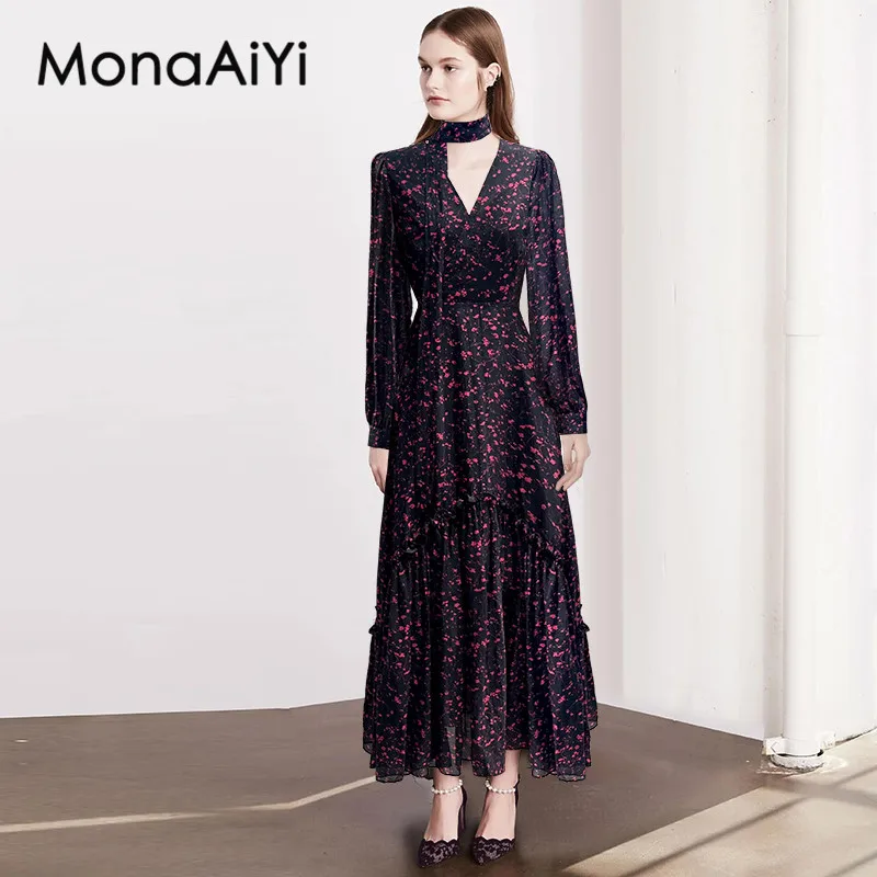 

Женское длинное платье MonaAiyi, винтажное платье с V-образным вырезом, длинными рукавами, высокой талией и цветочным принтом в богемном стиле