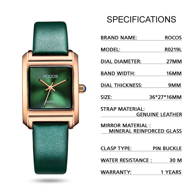 ROCOS Women Elegant Quartz Watch Green Dial Waterproof Wristwatch for Ladies Classic Emerald Luxury Fashion Clock R0219 6