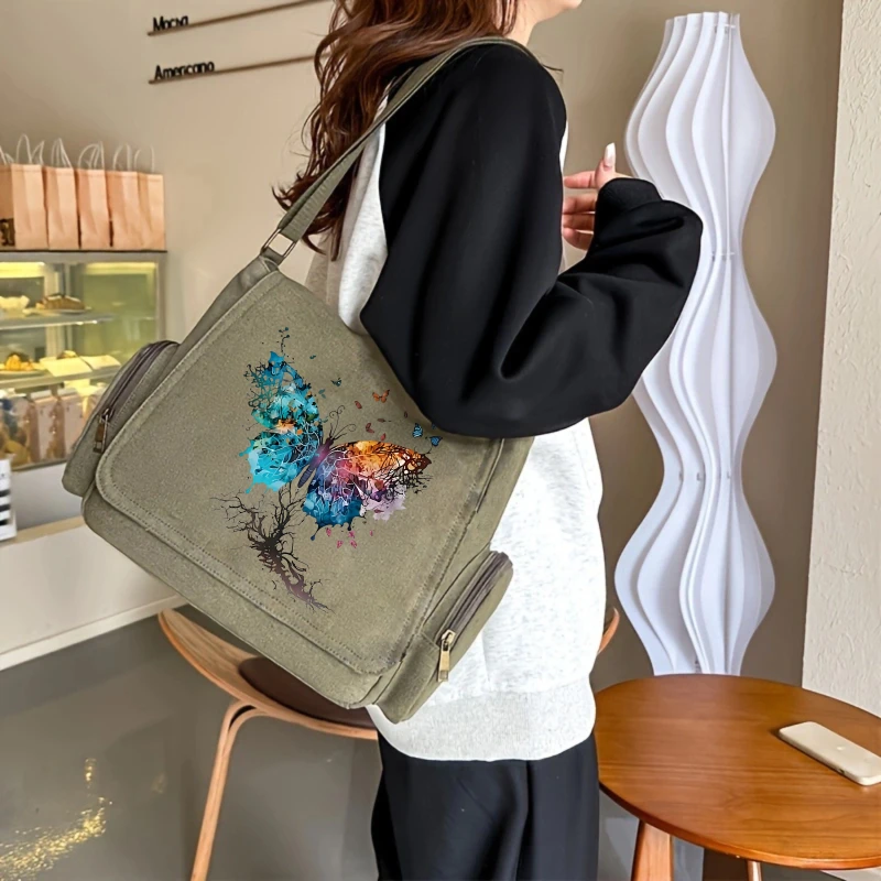 Artistic Women's Shoulder Bag Canvas Butterfly Print Crossbody Bag Large Capacity Messenger Bag for Travel