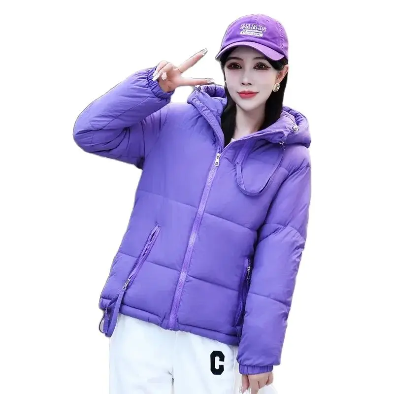 

Winter Short Cotton Jacket Women New Loose Hooded Coat Pure Colour Outerwear Fshion Pocket Bread Service Thicken Overcoat Female