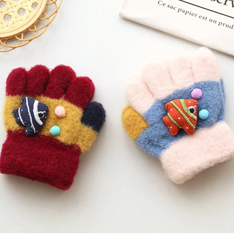 3D Doll Children Gloves Thick Baby Plush Gloves Cute Cartoon Toddler Five Finger Mitten 0-3year Boy Girl Kids Winter Hand Warmer 4