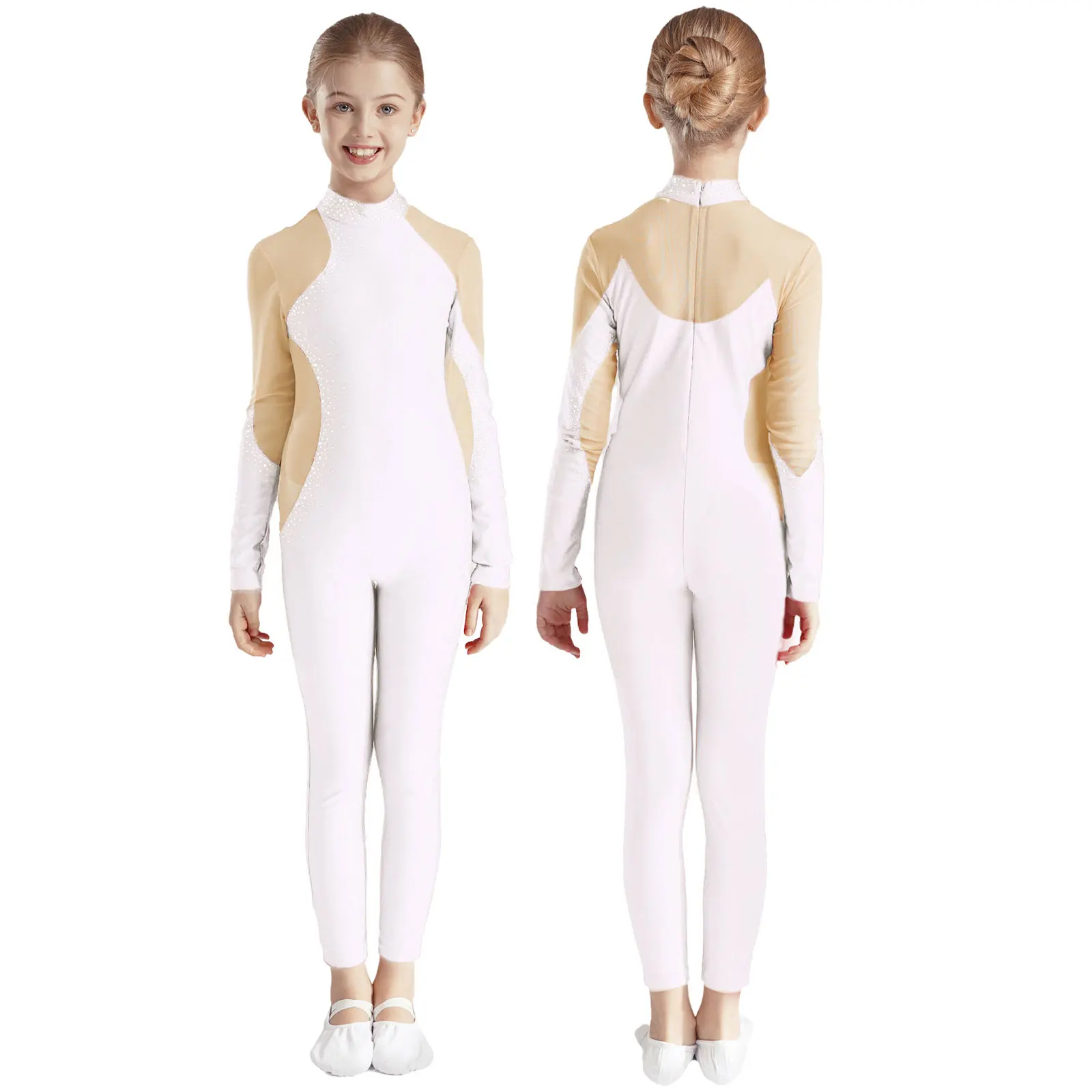 Mono de manga larga con brillantes y diamantes de imitación para niñas, gimnasia, patinaje artístico, ballet, leotardos, disfraz de baile