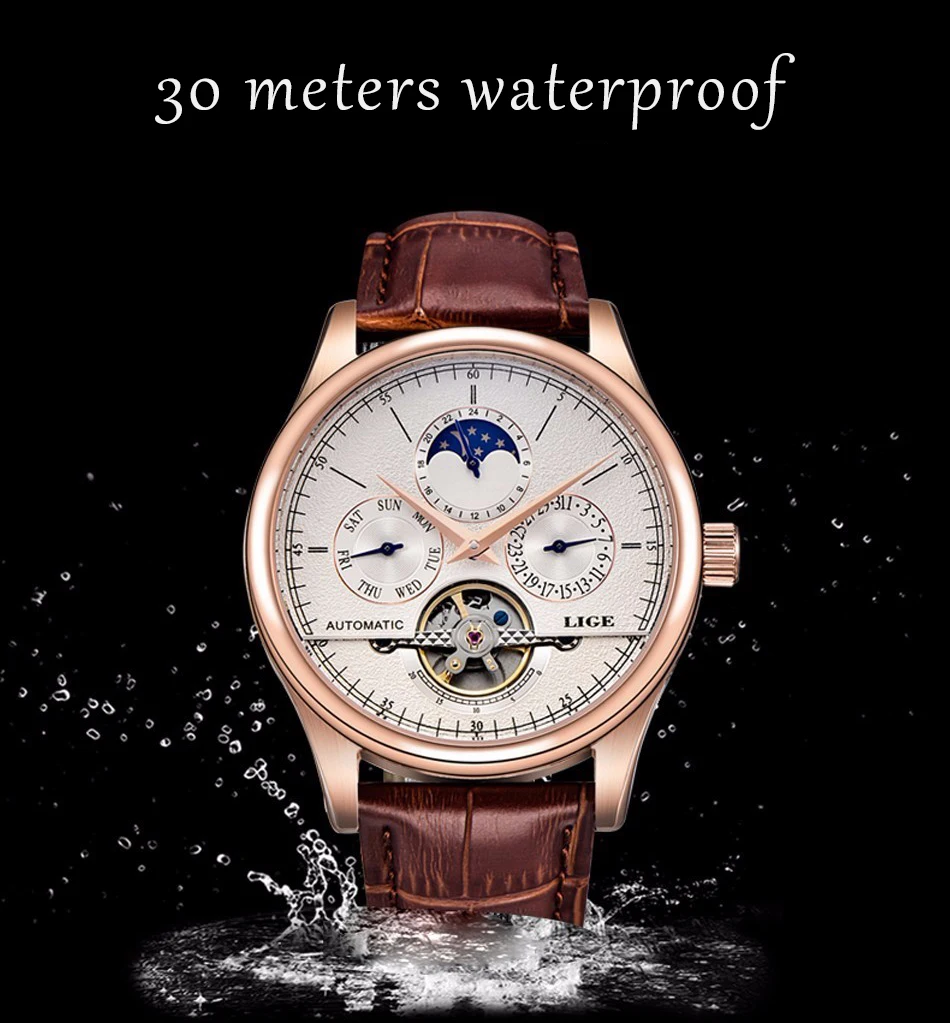 Lige Männer Uhren automatische mechanische Uhr Tourbillon Uhr echtes Leder wasserdichte Uhr Männer Militär Armbanduhr Mann – Detail 10