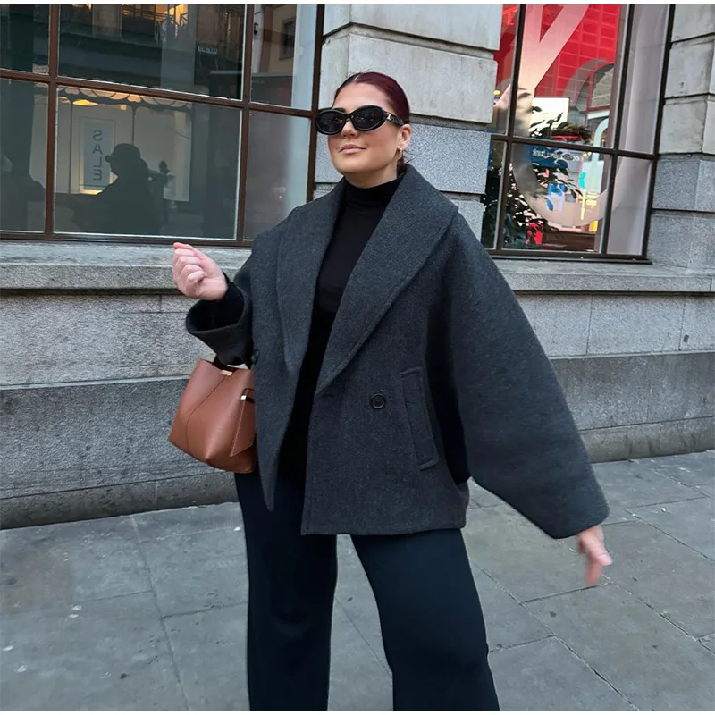 Retro Loose Woolen Blend Coat Women Lapel Double-Breasted Long Sleeve Pocket Thick Gray Jacket 2025 Autumn Spring Streetwear