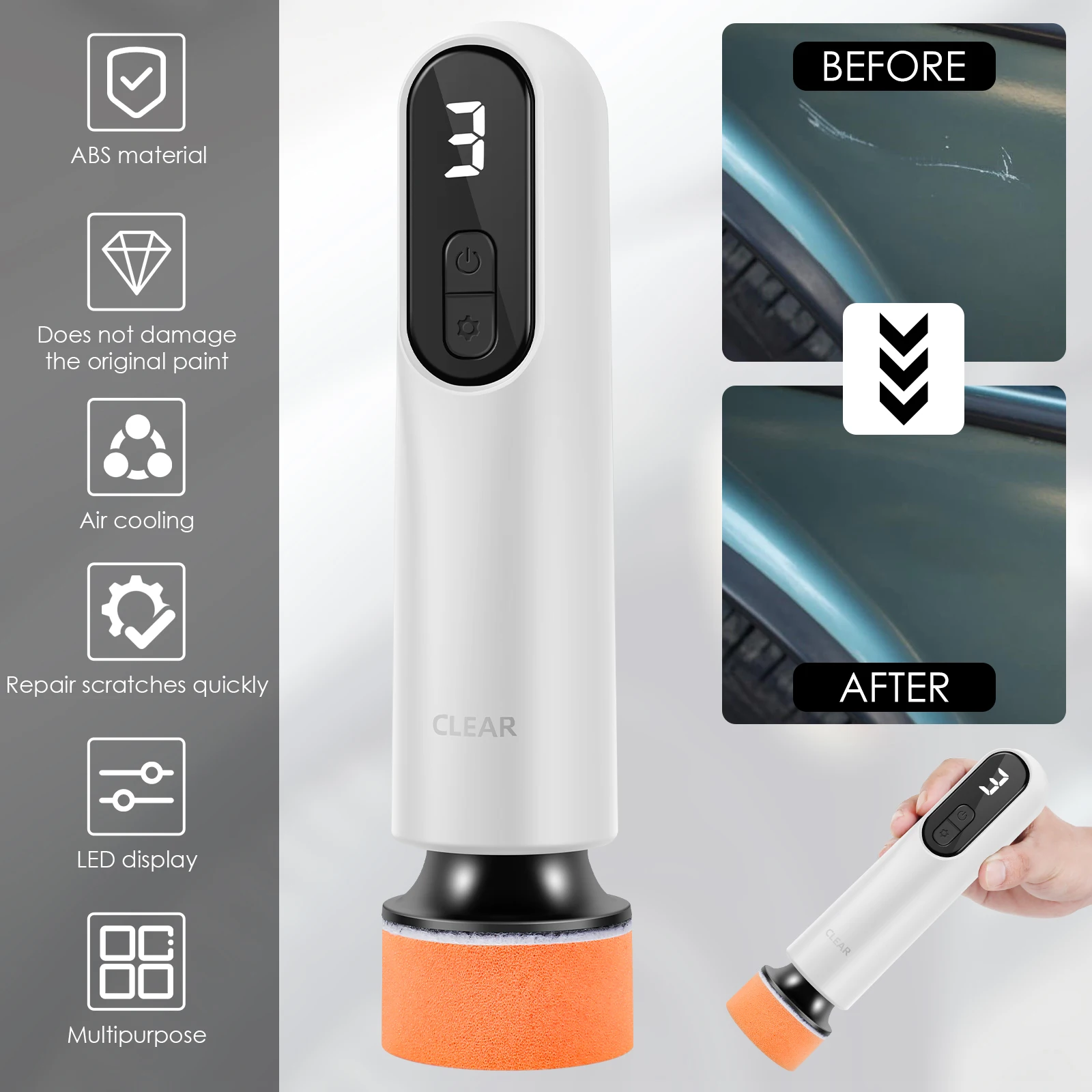 Mini Car Polisher Machine Wireless Handheld Car Waxing Polishing Sanding Machine 3 Adjustable Speeds 12000rpm 2000mah Battery 2